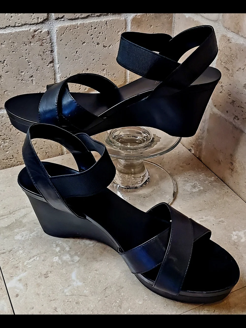 Lauren Ralph Lauren Black Leather Crisscross Wedge Sandals Size 8.5 M